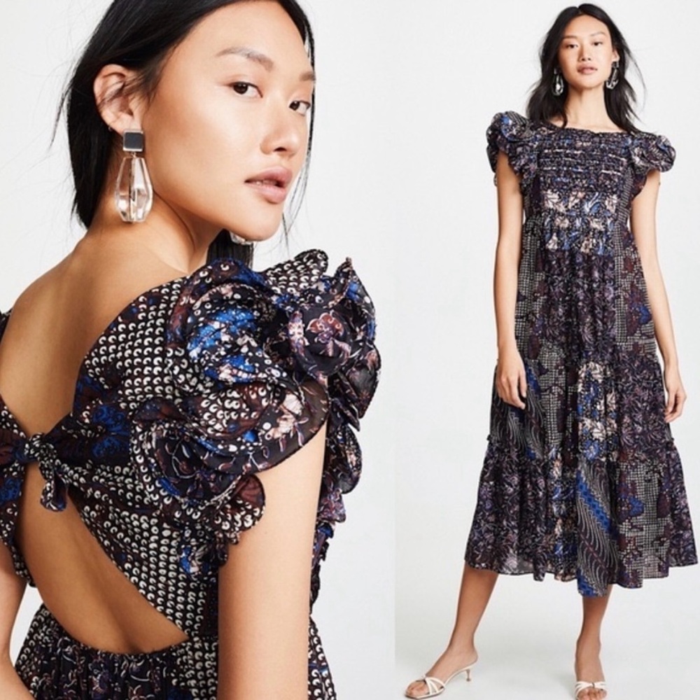 NWT Ulla Johnson Zoya Ruffle Trim Ikat Cotton Silk Midi Dress Indigo Size 0
